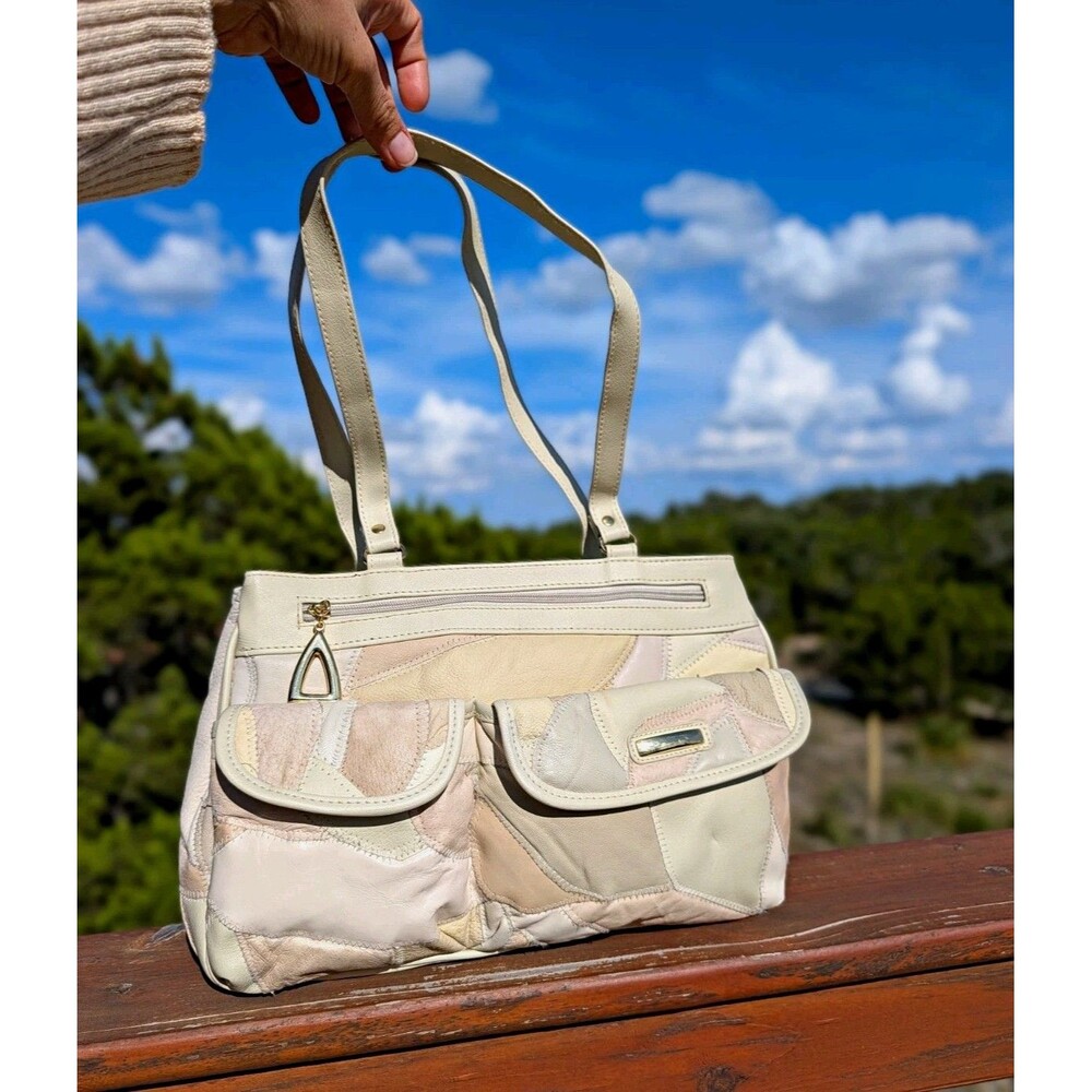 Vintage Patchwork 80s Cream Beige Shoulder Purse 4 Large Pockets Boho Chic